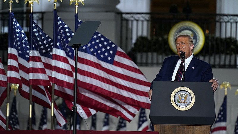 President Donald Trump speaks from the South Lawn of the White House on the fourth day of the Republican National Convention, Thursday, Aug. 27, 2020, in Washington. (AP Photo/Evan Vucci)