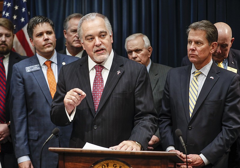 FILE - In this Feb. 4, 2020 file photo, State school Superintendent Richard Woods speaks at a news conference in Atlanta, where Gov. Brian Kemp announced legislation to cut five mandatory standardized tests for Georgia public school students, including four in high schools. The state Board of Education on Thursday, Aug. 27 chose which four high school tests it will drop. (Bob Andres/Atlanta Journal-Constitution via AP, File)