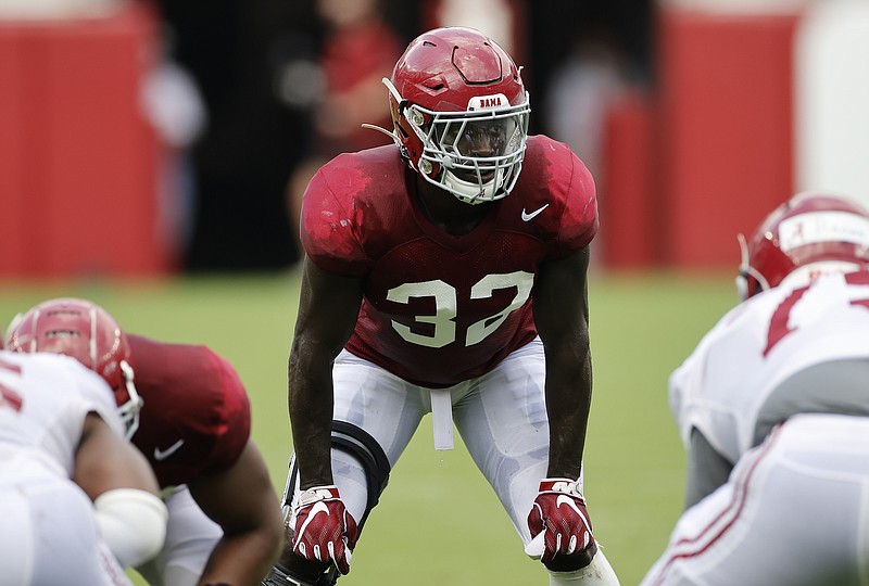 Alabama photo by Robert Sutton / Alabama inside linebacker Dylan Moses readies for a play during Saturday's scrimmage inside Bryant-Denny Stadium.