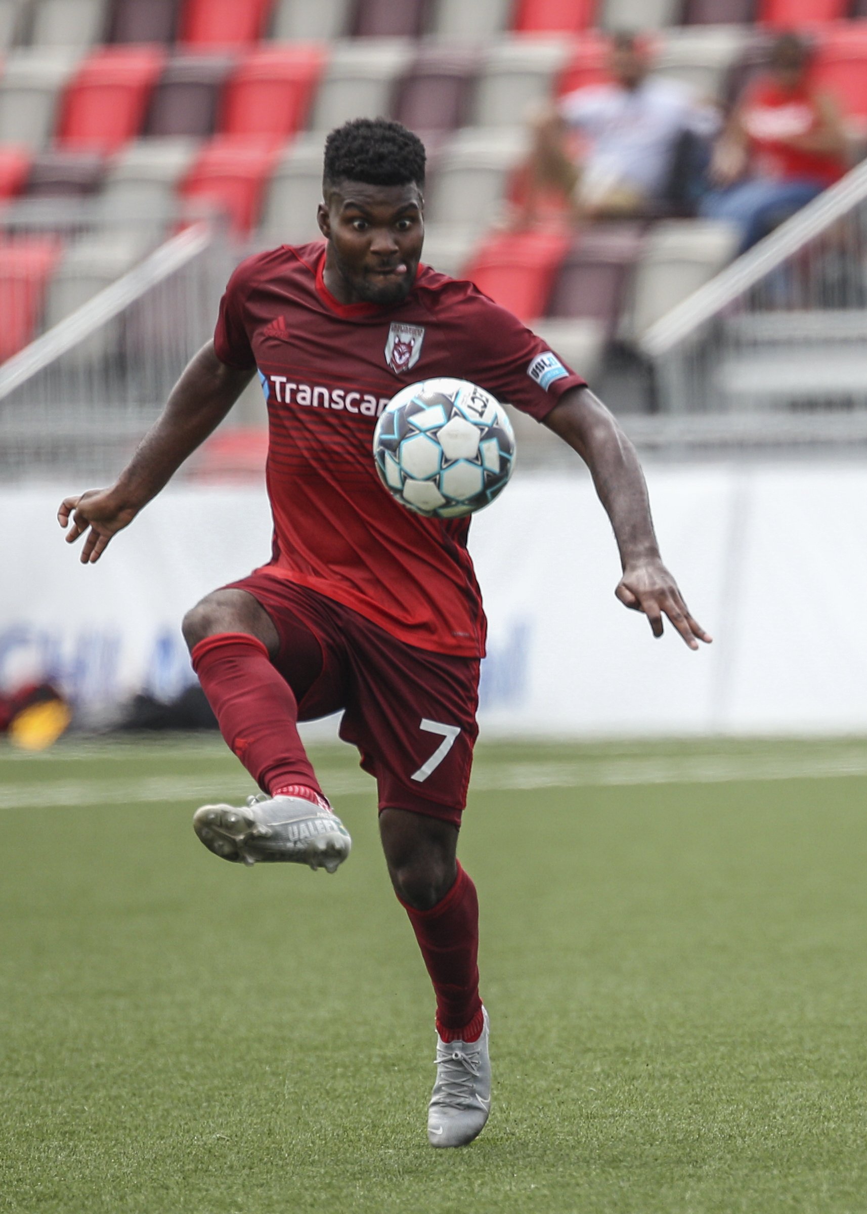 Staff photo by Troy Stolt / Chattanooga midfielder Ualefi looks in a bouncing pass during the Red Wolves' 4-0 victory against the New England Revolution II on Saturday at CHI Memorial Stadium in East Ridge.