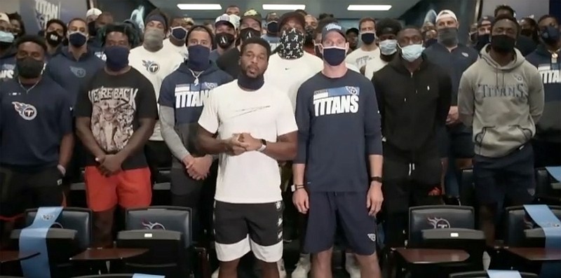 AP photo / In a screenshot from a Zoom call, the Tennessee Titans speak about the decision to cancel practice Thursday in Nashville. Several NFL teams canceled their workouts at training camps in response to the shooting by police of Jacob Blake, a Black man, last Sunday in Kenosha, Wisconsin. In front are safety Kevin Byard, left, and quarterback Ryan Tannehill, right.