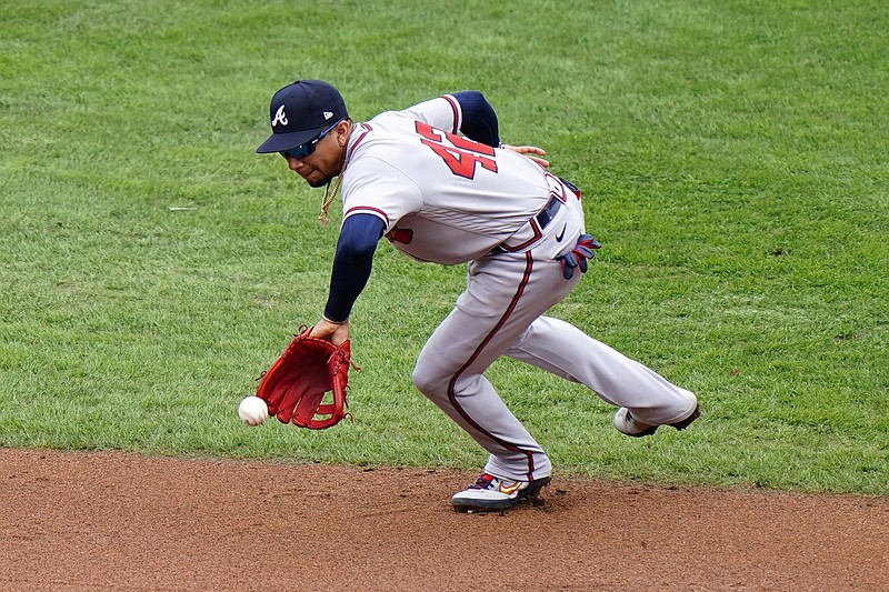 AP photo by Matt Slocum / Atlanta Braves second baseman Johan Camargo fields a ground ball during the second inning of Saturday's game in Philadelphia. Camargo's home run in the sixth provided Atlanta's only run in the loss to the Phillies, who have won five straight games to threaten the Braves' lead in the NL East.