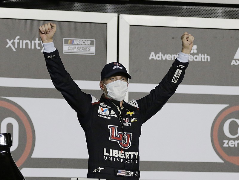 AP photo by Terry Renna / William Byron celebrates Saturday night in victory lane at Daytona International Speedway, where the 22-year-old Hendrick Motorsports driver earned the first win of his NASCAR Cup Series career.