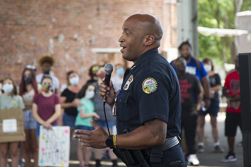 Staff photo by Troy Stolt / Chattanooga Assistant Chief of Police Glenn Scruggs speaks during a protest for Chattanooga area school Children on Saturday, June 6, 2020 in Chattanooga, Tenn.