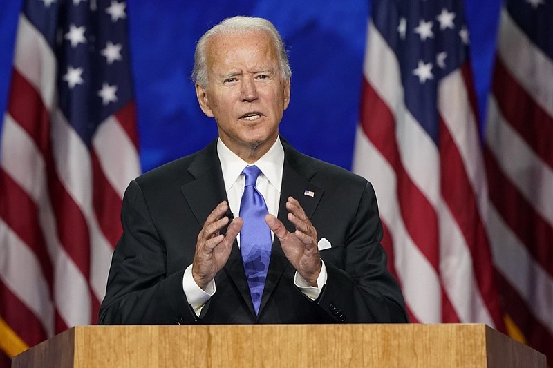Democratic presidential candidate former Vice President Joe Biden speaks during the fourth day of the Democratic National Convention, Thursday, Aug. 20, 2020, at the Chase Center in Wilmington, Del. President Donald Trump and Democratic challenger Joe Biden are entering a 64-day sprint to the finish that is widely expected to be one of the most turbulent and chaotic periods in the modern history of American politics. Each side cast the other as an existential threat to America's future as they offered voters starkly different versions of reality over the last two weeks of carefully scripted conventions. (AP Photo/Andrew Harnik)