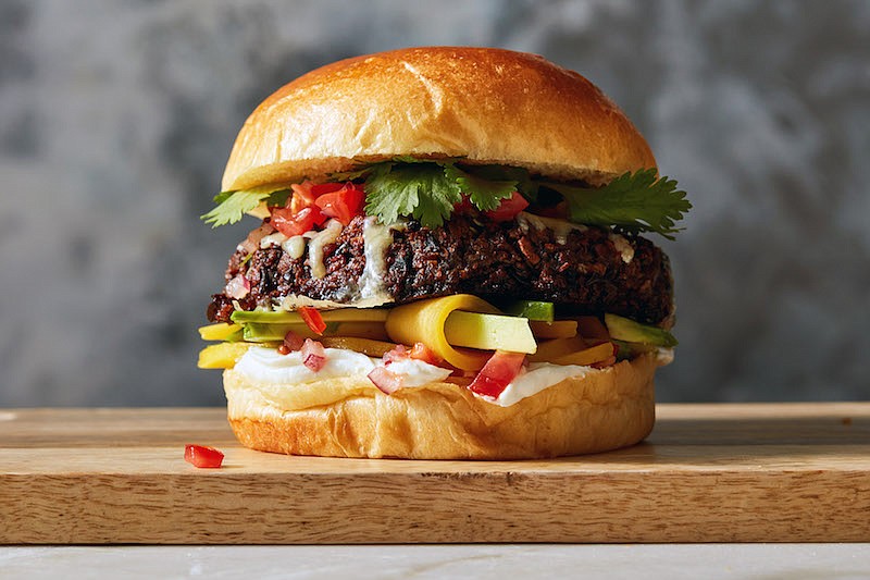 Vegetarian black bean burger. Food stylist: Simon Andrews. (Christopher Testani/The New York Times)
