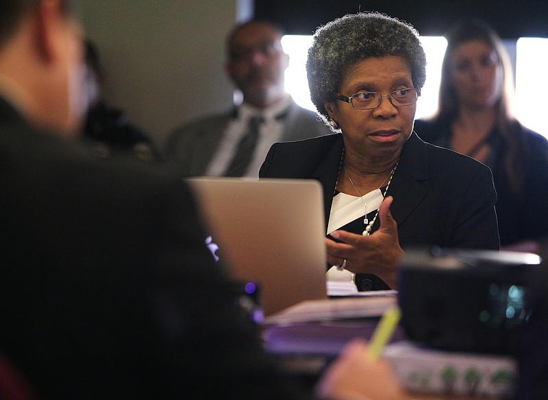 Staff photo by Erin O. Smith / Daisy Madison, an administrator with the Chattanooga Mayor's Office, speaks with council members during a city council meeting Tuesday, Aug. 22, 2017, at City Hall in Chattanooga, Tenn.