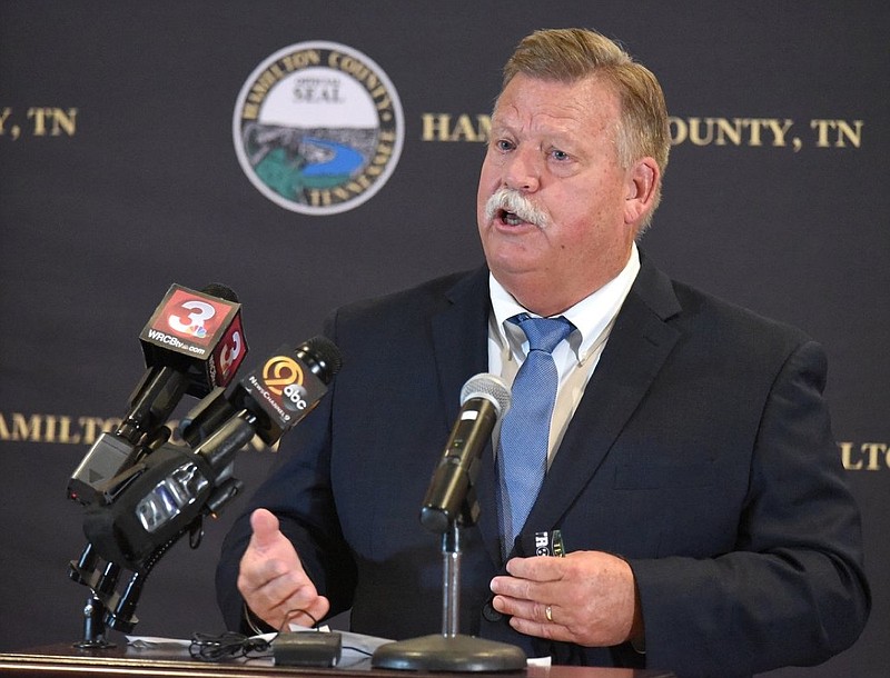 Staff Photo by Matt Hamilton / Hamilton County Mayor Jim Coppinger speaks during the press conference Thursday at the Hamilton County Health Department.