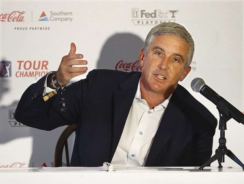 AP photo by Curtis Compton / PGA Tour commissioner Jay Monahan speaks during a news conference Wednesday in Atlanta ahead of the 2019-20 season-ending Tour Championship, which tees off Friday at East Lake Golf Club. He called the tour's 2020-21 schedule that was revealed Wednesday "a dream season."