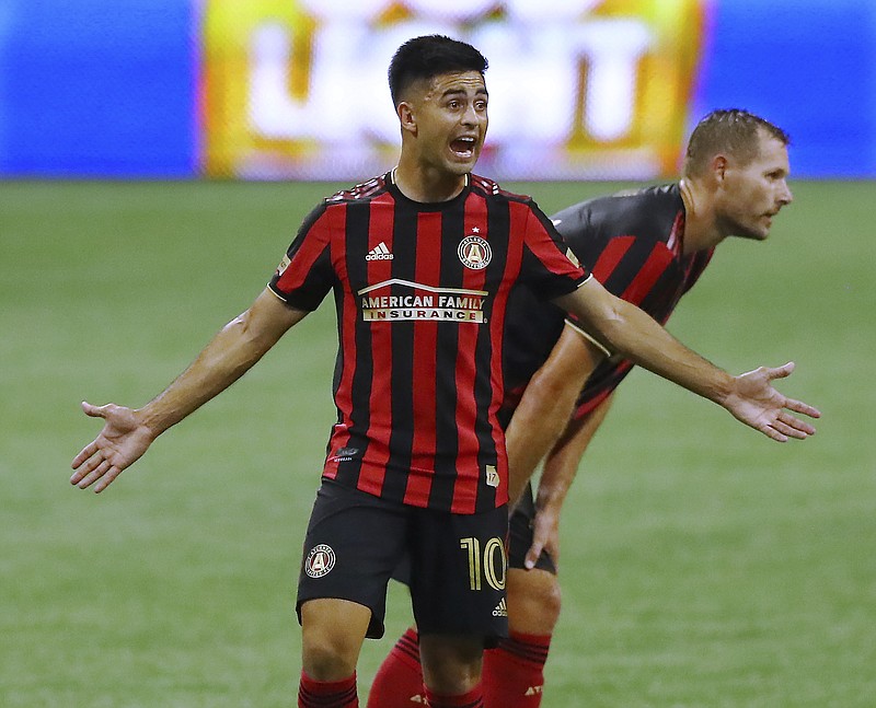 AP photo by Curtis Compton / Atlanta United FC midfielder Pity Martinez celebrates after scoring a goal against visiting Nashville SC on Aug. 22.