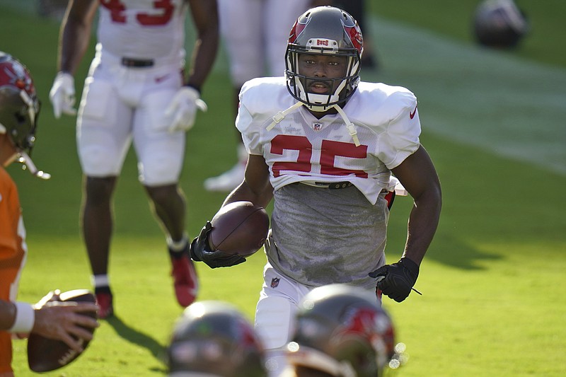 AP photo by Chris O'Meara / Tampa Bay Buccaneers running back LeSean McCoy runs a route during practice at training camp on Aug. 28 in Tampa, Fla.