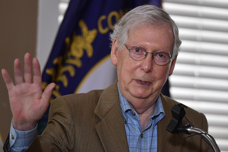 Senate Majority Leader Mitch McConnell, R-Ky., speaks to reporters following his acceptance of the endorsement of the Kentucky Fraternal Order of Police in his Senate reelection bid in Lexington, Ky., Tuesday, Sept. 1, 2020. (AP Photo/Timothy D. Easley)