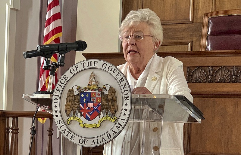 In this July 29, 2020 file photo, Alabama Gov. Kay Ivey speaks during a news conference in Montgomery, Ala. Ivey announced plans Thursday, Sept. 3, 2020 to move forward with state leasing of three privately built mega prisons that would begin construction next year, in what she described as a step toward overhauling an understaffed and violence-plagued prison system beset by years of federal criticism. (AP Photo/Kim Chandler, File)