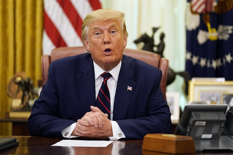 President Donald Trump speaks before participating in a signing ceremony with Serbian President Aleksandar Vucic and Kosovar Prime Minister Avdullah Hoti in the Oval Office of the White House, Friday, Sept. 4, 2020, in Washington. (AP Photo/Evan Vucci)