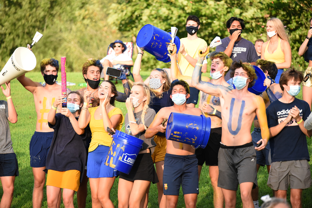 Staff Photo by Matt Hamilton / The Chattanooga Christian School student section celebrates a score on Friday. The Chattanooga Christian School Chargers hosted the Baylor School Red Raiders Friday.
