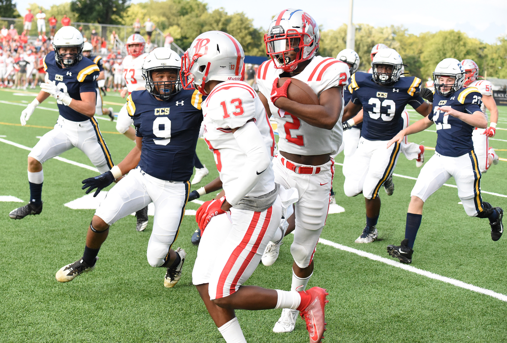 Staff Photo by Matt Hamilton / Chattanooga Christian (9) Zion Irvin attempts to get an angle on Baylor (2) Elijah Howard as he carries the ball. The Chattanooga Christian School Chargers hosted the Baylor School Red Raiders Friday.
