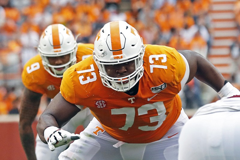 AP photo by Wade Payne / Tennessee offensive lineman Trey Smith blocks during the first half of a home game against South Carolina on Oct. 26, 2019.