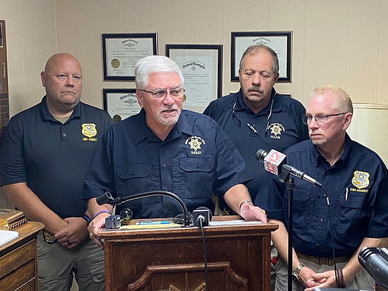 Photo contributed by the Walker County Sheriffs Office / GBI special agent Daniel Nicholson, Walker County Sheriff Steve Wilson, Walker County Chief Deputy Major Mike Freeman and GBI special agent in charge Joe Montgomery at Saturday afternoon's news conference in Walker County.