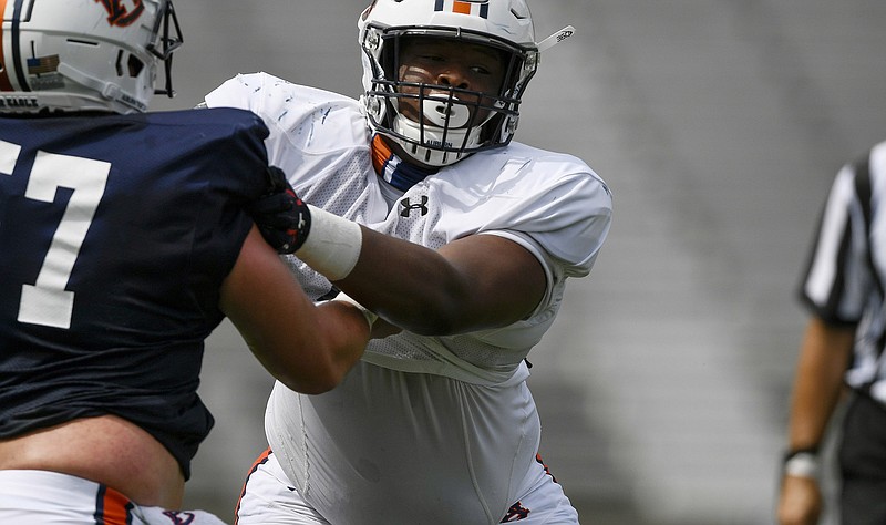 Auburn Athletics photo by Todd Van Emst / Auburn defensive lineman Jay Hardy, a freshman from McCallie, competes during the first preseason scrimmage inside Jordan-Hare Stadium on Aug. 22.