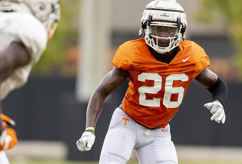 Tennessee Athletics photo by Andrew Ferguson / Tennessee senior safety Theo Jackson practices last week on Haslam Field in Knoxville.