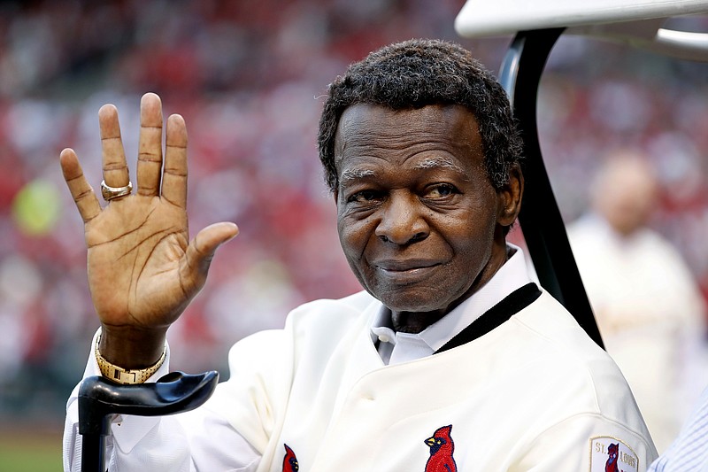 AP file photo by Jeff Roberson / Lou Brock, a member of the 1967 St. Louis Cardinals, takes part in a ceremony to celebrate the 50th anniversary of the team's World Series victory before a home game against the Boston Red Sox on May 17, 2017.