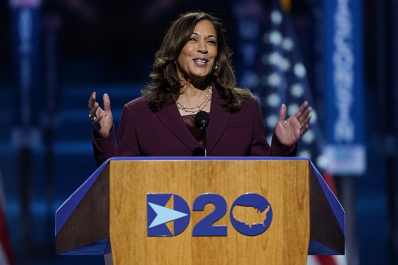 In this Wednesday, Aug. 19, 2020, file photo, Democratic vice presidential candidate Sen. Kamala Harris, of California, speaks during the third day of the Democratic National Convention, at the Chase Center in Wilmington, Del. Labor Day kicks off the unofficial start to fall election campaign. (AP Photo/Carolyn Kaster, File)