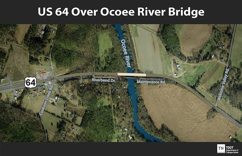  Photo contributed by the Tennessee Department of Transportation / The U.S. Highway 64 bridge replacement project location and project limits are shown in this TDOT aerial map of the area. The project is slated for completion May 30, 2022.