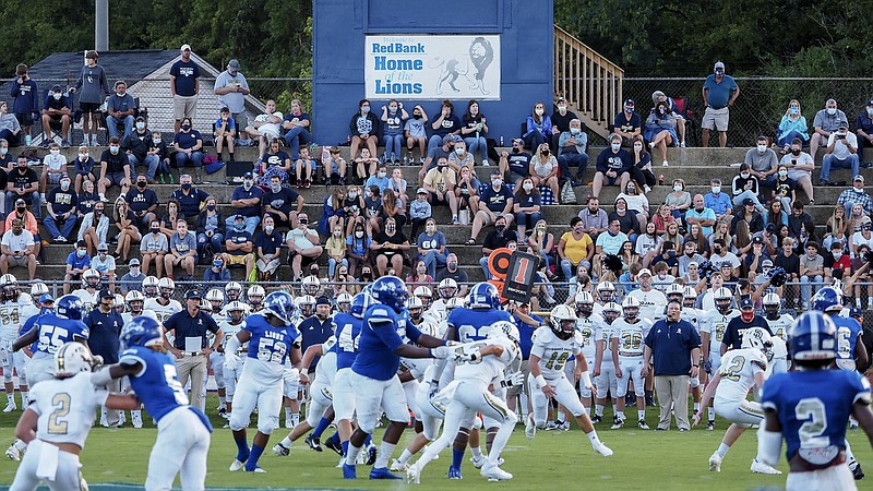 Staff photo by C.B. Schmelter / Fans watch from the away stands during Red Bank's home football game against Soddy-Daisy on Aug. 21. It was the first Friday night of the 2020 season in Tennessee.