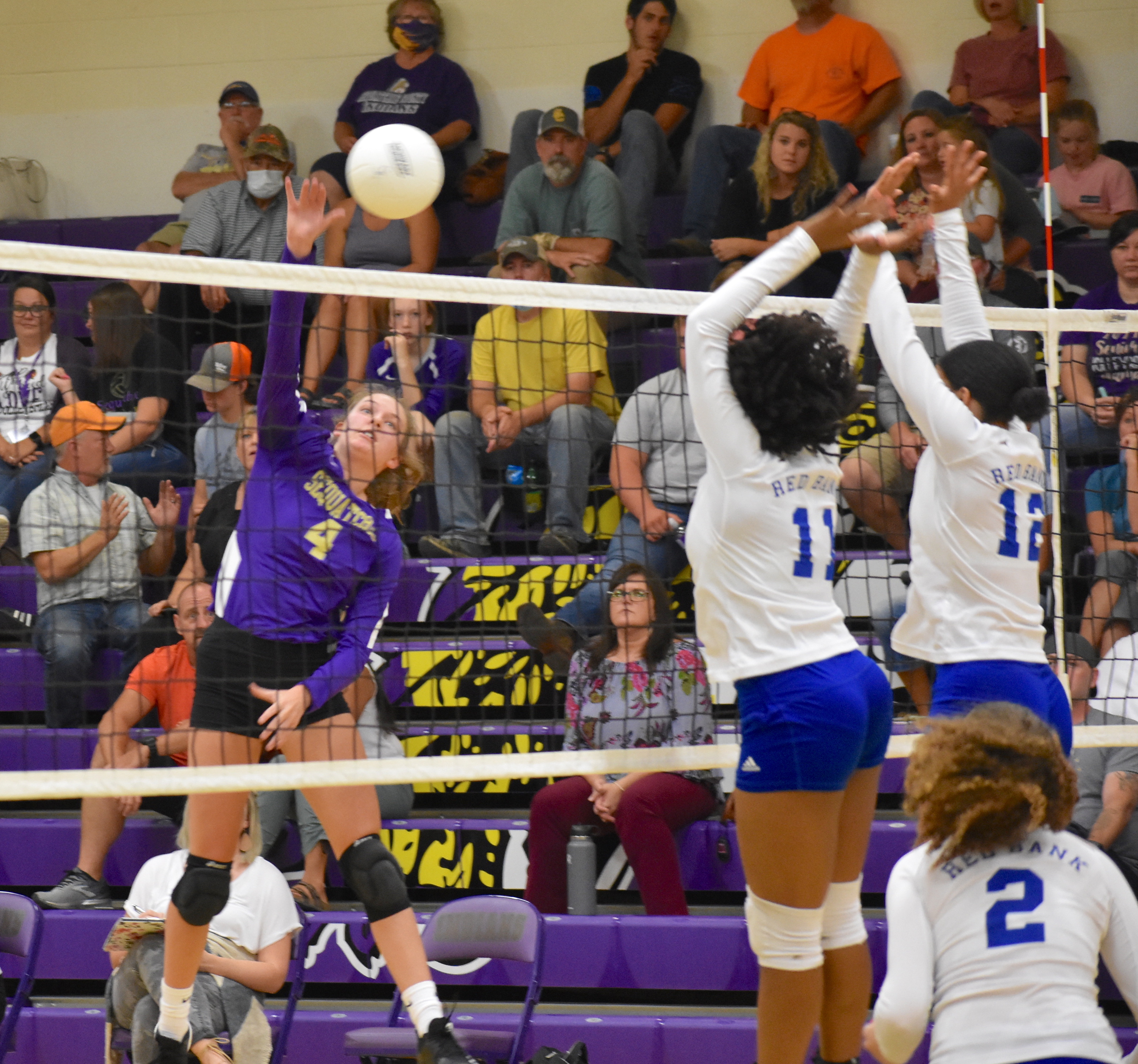 Staff photo by Patrick MacCoon / Sequatchie County's Sarah Brown hits the ball over Red Bank blockers in Thursday's home victory for the Lady Indians.