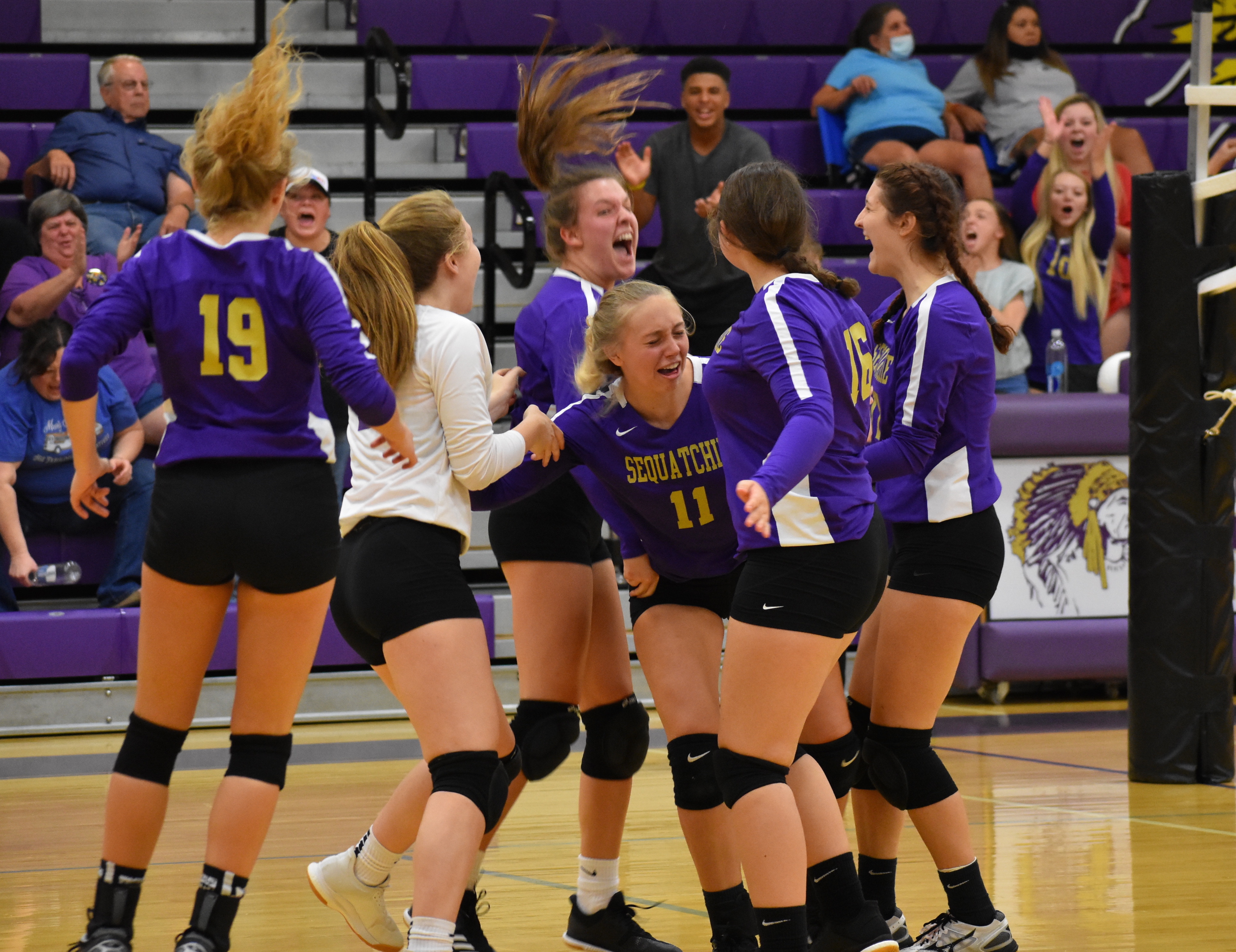 Staff photo by Patrick MacCoon / Sequatchie County players celebrate their four-set victory at home over Red Bank on Thursday night.