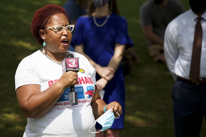 Staff photo by C.B. Schmelter / U.S. Senate candidate Marquita Bradshaw speaks during a picnic event hosted by the Hamilton County Democratic Party on Friday, Sept. 11, 2020 in Chattanooga, Tenn.