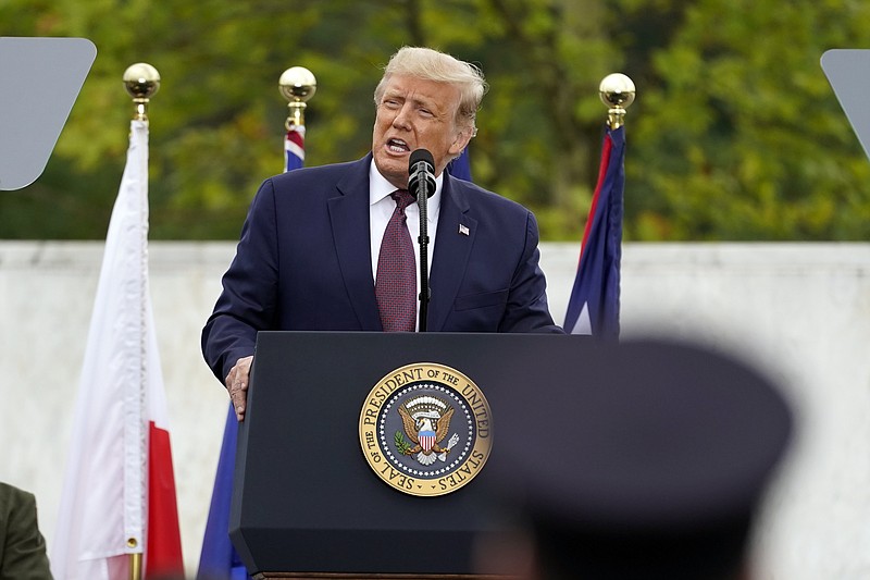 President Donald Trump speaks at a 19th anniversary observance of the Sept. 11 terror attacks, at the Flight 93 National Memorial in Shanksville, Pa., Friday, Sept. 11, 2020. (AP Photo/Alex Brandon)