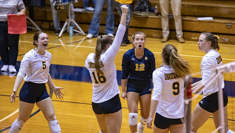 UTC Athletics file photo / UTC senior Megan Kaufman (12) helped her volleyball team to a five-set victory against Georgia State on Saturday afternoon at Maclellan Gymnasium in the lone match of the fall semester for the Mocs.