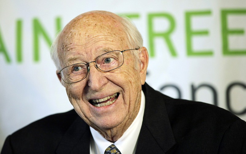 In this April 21, 2010 file photo, Bill Gates Sr. talks to reporters in Seattle. Gates, a lawyer and philanthropist and father of Microsoft co-founder Bill Gates, died Monday, Sept. 14, 2020, at age 94. (AP Photo/Ted S. Warren,File)