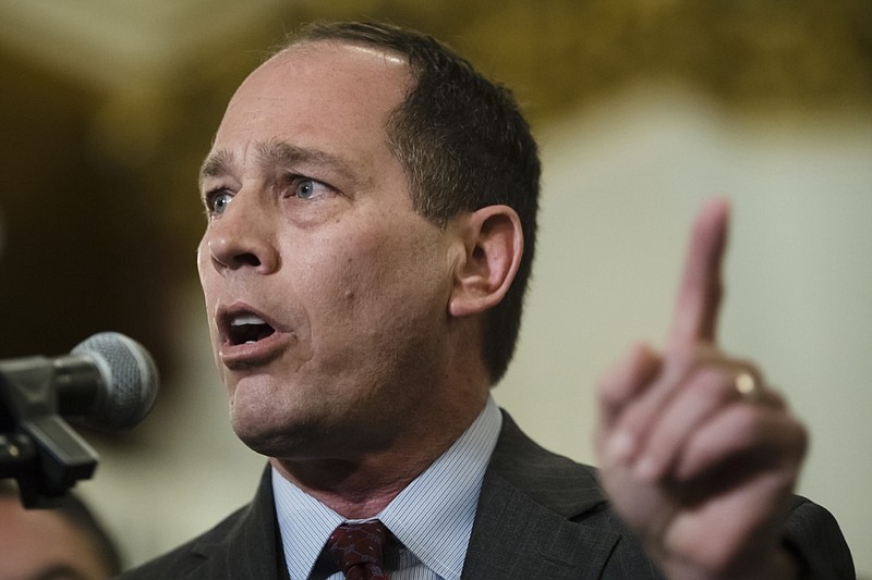 FILE - In this Tuesday, Feb. 5, 2019, file photo, Senate President Pro Tempore Joe Scarnati, R-Jefferson, speaks after Democratic Gov. Tom Wolf delivered his budget address for the 2019-20 fiscal year to a joint session of the Pennsylvania House and Senate in Harrisburg, Pa. The top-ranking Republican in the Pennsylvania Senate wants journalists who wrote about his campaign spending to pay thousands in costs to produce those records. (AP Photo/Matt Rourke, File)