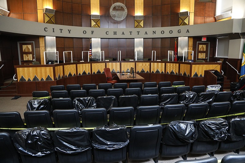 Staff photo by Troy Stolt / The Chattanooga Council Chamber is seen on Thursday, Sept. 17, 2020 in Chattanooga, Tenn. Changes to the council chamber have been to encourage social distancing and reduce the spread of COVID-19