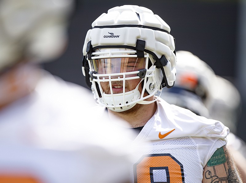 Tennessee Athletics photo by Caleb Jones / Tennessee offensive lineman Cade Mays, who transferred from Georgia in January, is pictured during the first preseason practice for the Vols on Aug. 17.