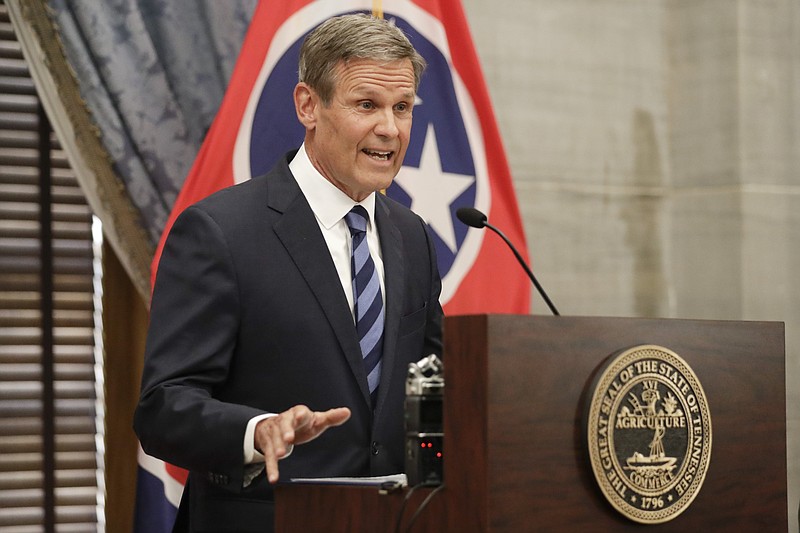FILE - In this July 1, 2020, file photo, Tennessee Gov. Bill Lee answers questions during a news conference in Nashville, Tenn. Lee on Thursday, Sept. 3, 2020, would not say whether he would be vaccinated against COVID-19 when a vaccine becomes available. (AP Photo/Mark Humphrey, File)