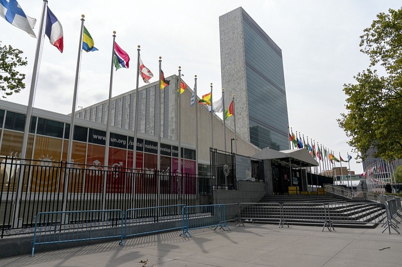 Metal barricades line the the shuttered main entrance to the United Nations headquarters, Friday, Sept. 18, 2020, in New York. With the COVID-19 pandemic still circling the globe, world leaders are skipping their annual gathering in New York and will make pre-recorded speeches this week on the state of a deeply divided world turned topsy-turvy. (AP Photo/Mary Altaffer)


