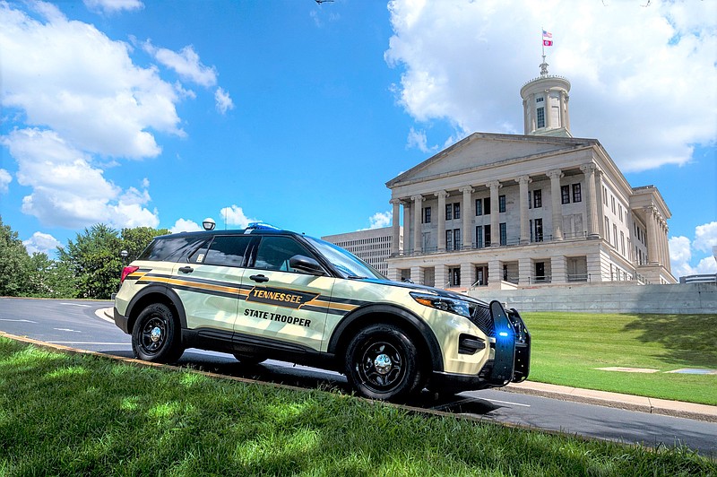 A new Tennessee Highway Patrol Ford Police Interceptor Utility Hybrid parked outside the state Capitol. / Contributed photo from State Department of General Services