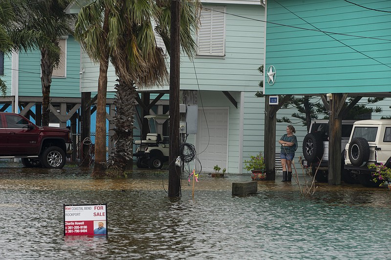 A flooded streets in Rockport, Texas, as Tropical Storm Beta approaches on Monday, Sept. 21, 2020. (Courtney Sacco/Corpus Christi Caller-Times via AP)