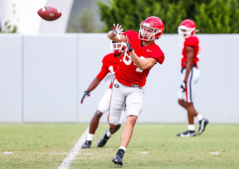 Georgia photo by Tony Walsh / Georgia freshman receiver and former North Murray standout Ladd McConkey reaches for a reception during Monday's practice in Athens.