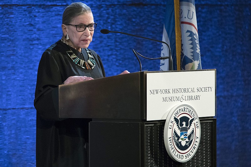 Photo by Mary Altaffer of The Associated Press / U.S. Supreme Court Justice Ruth Bader Ginsburg delivers a speech during a swearing in ceremony for new American citizens on April 10, 2018, in New York.