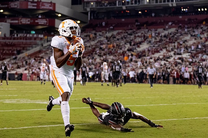 Tennessee senior receiver Josh Palmer hauls in the winning touchdown catch during Saturday night's opening 31-27 win at South Carolina.