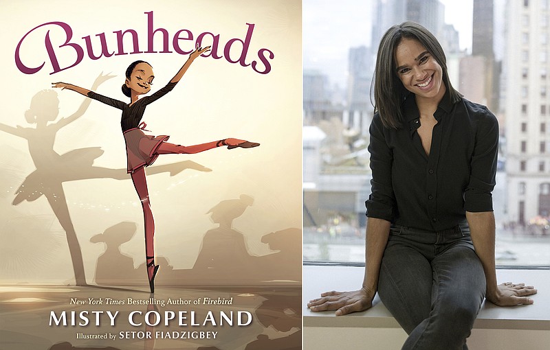 This combination photo shows "Bunheads" a children's book by Misty Copeland, left, and Copeland during a portrait session in New York on Nov. 19, 2019. Copeland's new picture book comes out Tuesday, Sept 29. (G. P. Putnam's Sons Books for Young Readers via AP, left, and AP)


