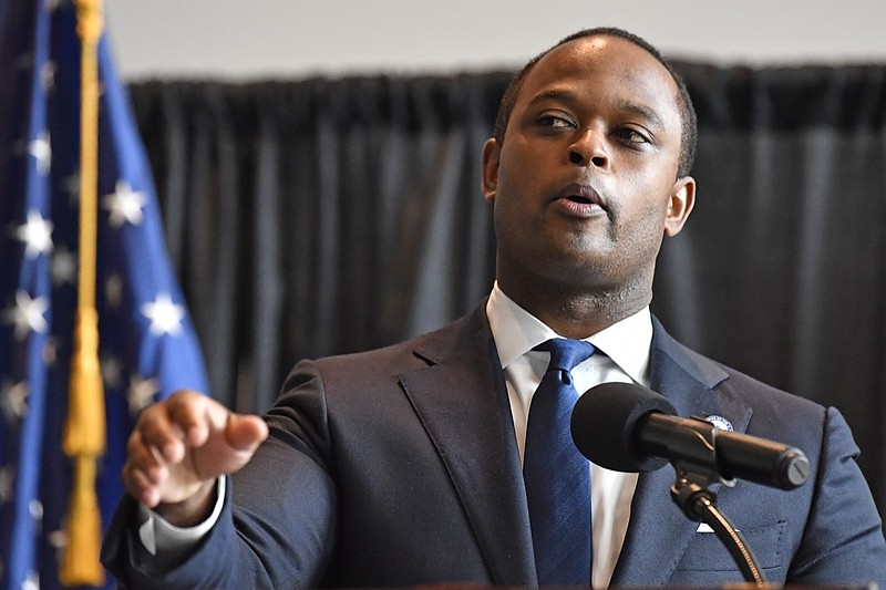 Kentucky Attorney General Daniel Cameron addresses the media following the return of a grand jury investigation into the death of Breonna Taylor, in Frankfort, Ky., Wednesday, Sept. 23, 2020. Of the three Louisville Metro police officers being investigated, one was indicted. (AP Photo/Timothy D. Easley)