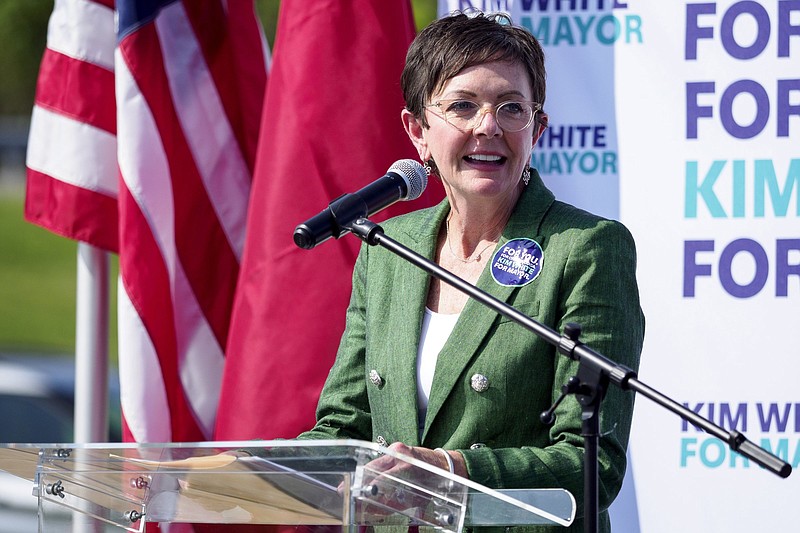 Staff photo by C.B. Schmelter / Kim White speaks during a news conference announcing her bid for mayor at Hixson High School on Thursday, Sept. 10, 2020 in Hixson, Tenn.