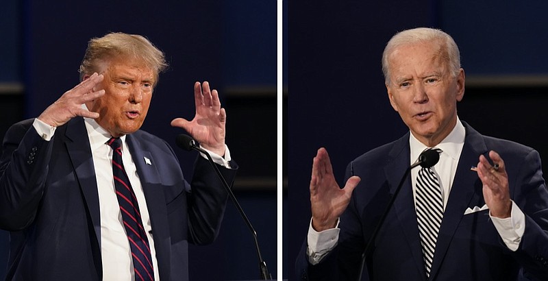 In this combination image of two photos showing both President Donald Trump, left, and former Vice President Joe Biden during the first presidential debate Tuesday, Sept. 29, 2020, at Case Western University and Cleveland Clinic, in Cleveland, Ohio. (AP Photo/Patrick Semansky)


