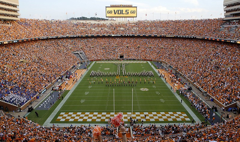 Staff photo by C.B. Schmelter / The University of Tennessee's Pride of the Southland Band forms the "T" on the field at Neyland Stadium before the Vols' game against Florida in September 2018.