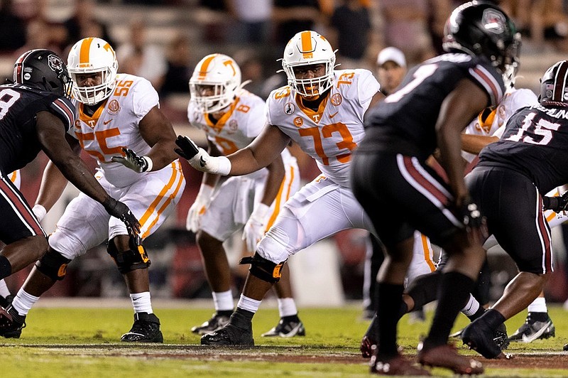 Tennessee Athletics photo / Tennessee center Brandon Kennedy (55) and left guard Trey Smith (73) could have a busy Saturday inside Neyland Stadium with Missouri likely to employ eight-man defensive fronts.